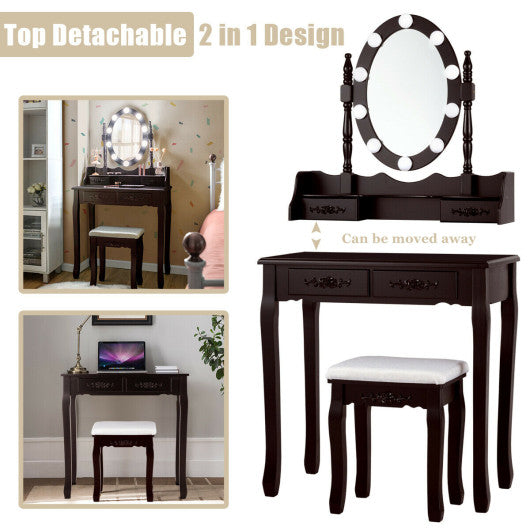 Makeup Dressing Table with Touch Switch Lighted Mirror and Cushioned Stool-Brown