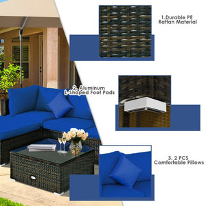5 Pcs Outdoor Patio Rattan Furniture Set Sectional Conversation with Navy Cushions-Navy