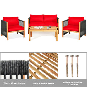 4 Pieces Acacia Wood Outdoor Patio Furniture Set with Cushions-Red