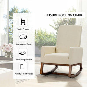 Rocking High Back Upholstered Lounge Armchair with Side Pocket-Beige