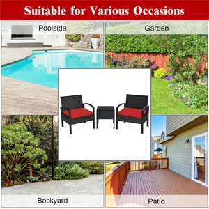 3 Pieces Outdoor Rattan Patio Conversation Set with Seat Cushions-Red