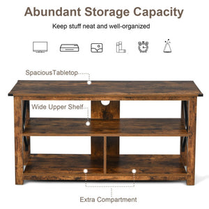 3 Tier Wood TV Stand for 55-Inch with Open Shelves and X-Shaped Frame-Brown