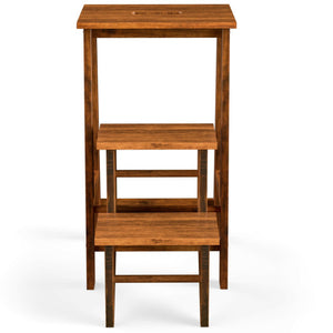3-in-1 Rubber Wood 3 Tier Folding Step Stool Ladder Storage Shelf-Coffee