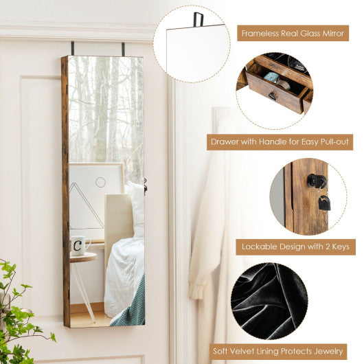 Wall and Door Mounted Mirrored Jewelry Cabinet with Lights-Rustic Brown
