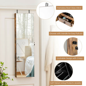Wall and Door Mounted Mirrored Jewelry Cabinet with Lights-Rustic Brown