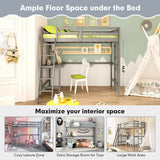 Twin Size Loft Bed Frame with Desk Angled and Built-in Ladder-Gray