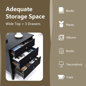 Nightstand Beside End Side Table Organizer with 3 Drawers-Black