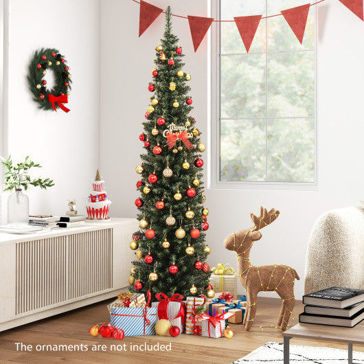 5/6/7/8/9 Feet Pre-lit Pencil Artificial Christmas Tree with 150/180/200//300/400 Warm White LED Lights-7 ft