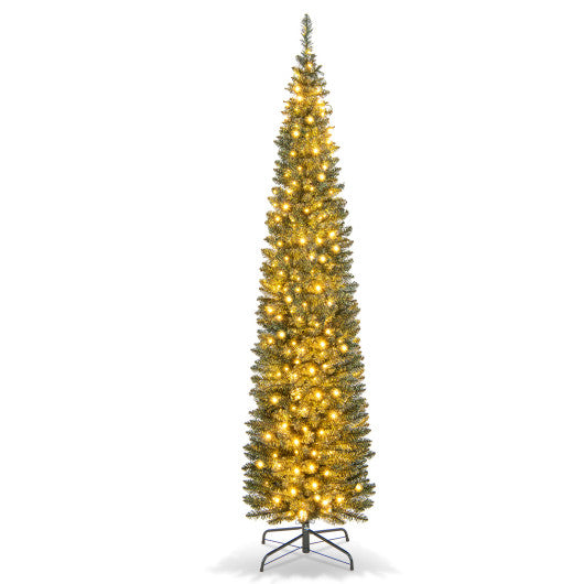 5/6/7/8/9 Feet Pre-lit Pencil Artificial Christmas Tree with 150/180/200//300/400 Warm White LED Lights-7 ft