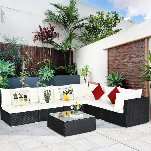 7 Pieces Sectional Wicker Furniture Sofa Set with Tempered Glass Top-Gray & Off White