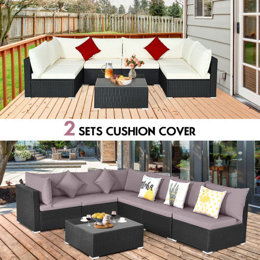 7 Pieces Sectional Wicker Furniture Sofa Set with Tempered Glass Top-Gray & Off White