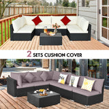 7 Pieces Sectional Wicker Furniture Sofa Set with Tempered Glass Top-Gray & Off White