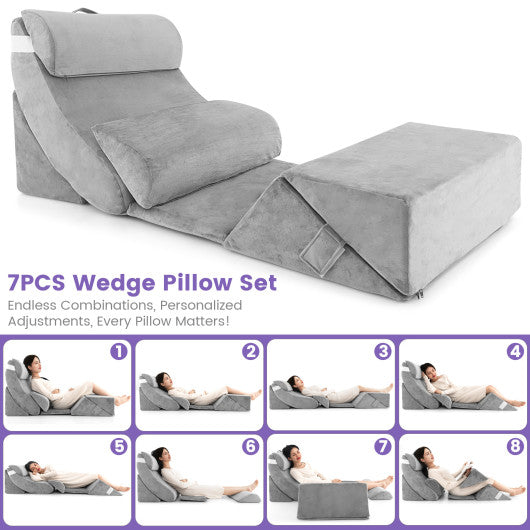 7 Pieces Bed Wedge Pillow Set with Memory Foam and Washable Cover-Gray