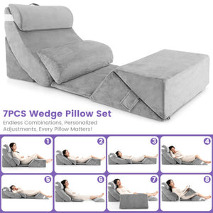 7 Pieces Bed Wedge Pillow Set with Memory Foam and Washable Cover-Gray