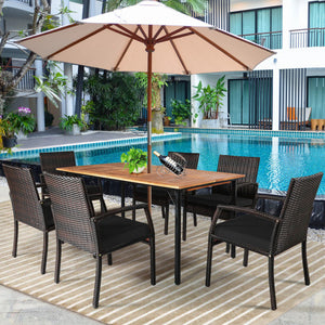 7 Pieces Patio Rattan Cushioned Dining Set with Umbrella Hole-Black