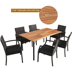 7 Pieces Patio Rattan Cushioned Dining Set with Umbrella Hole-Black