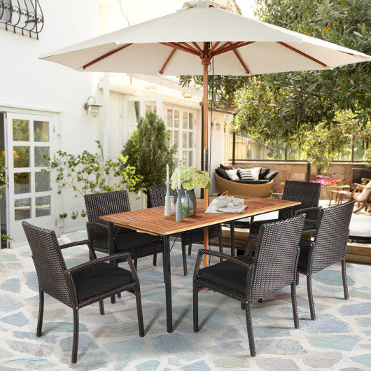 7 Pieces Patio Rattan Cushioned Dining Set with Umbrella Hole-Black