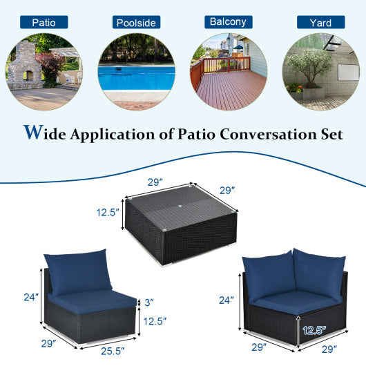 7 Pieces Sectional Wicker Furniture Sofa Set with Tempered Glass Top-White & Navy