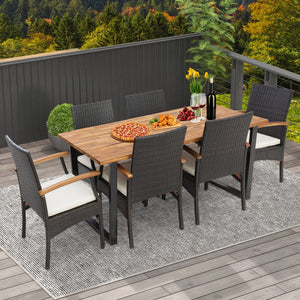 7 Pieces Outdoor Wicker Chair and Dining Table Set-Wood Handrail