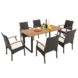 7 Pieces Outdoor Wicker Chair and Dining Table Set-Wood Handrail
