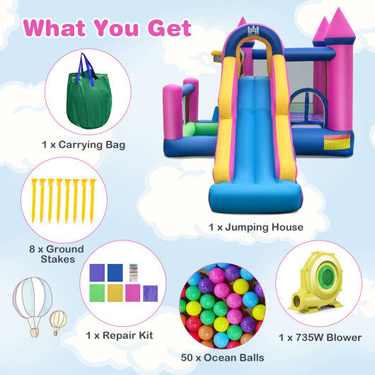 7-in-1 Kids Inflatable Bounce House with Long Slide and 735W Blower