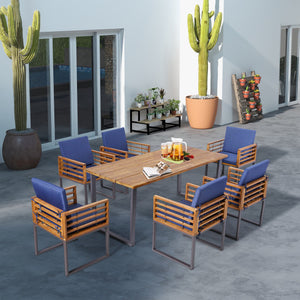 7 Pieces Patio Acacia Wood Dining Chair and Table Set for Backyard and Poolside-Navy