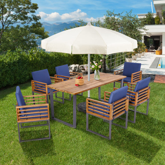 7 Pieces Patio Acacia Wood Dining Chair and Table Set for Backyard and Poolside-Navy