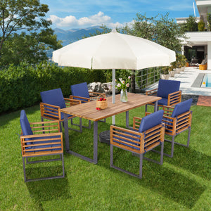 7 Pieces Patio Acacia Wood Dining Chair and Table Set for Backyard and Poolside-Navy