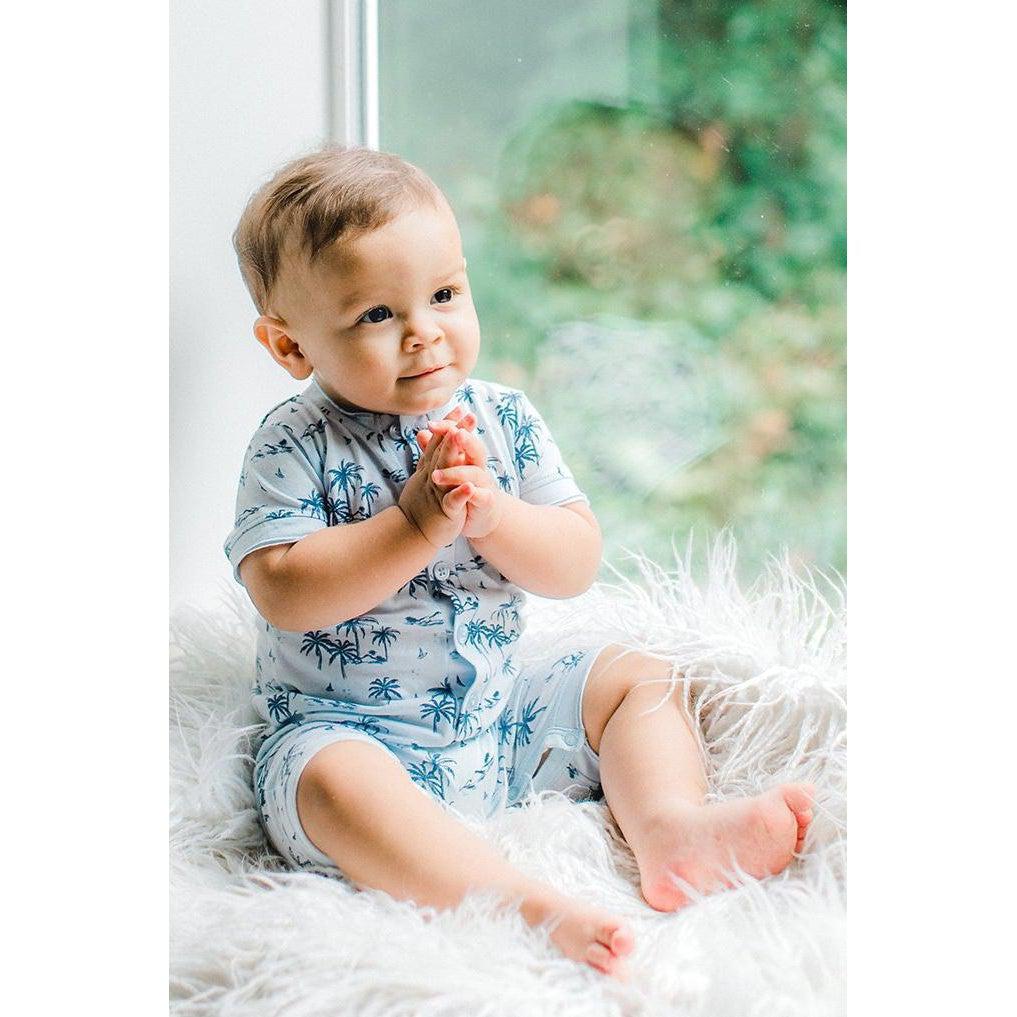 Henley Romper - Vintage Hawaii - Indigo on Baby Blue  100% Pima Cotton by Feather Baby
