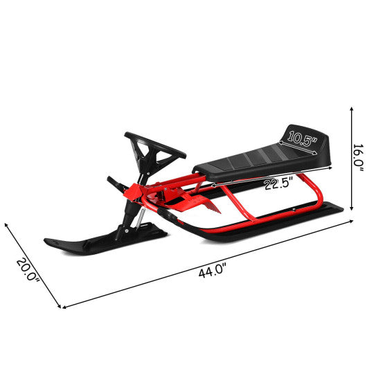 Kids Snow Sled with Steering Wheel and Double Brakes Pull Rope-Red