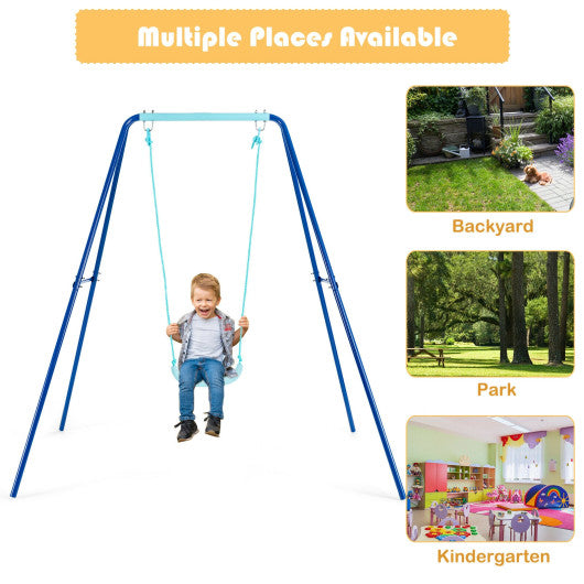 Outdoor Kids Swing Set with Heavy-Duty Metal A-Frame and Ground Stakes-Blue