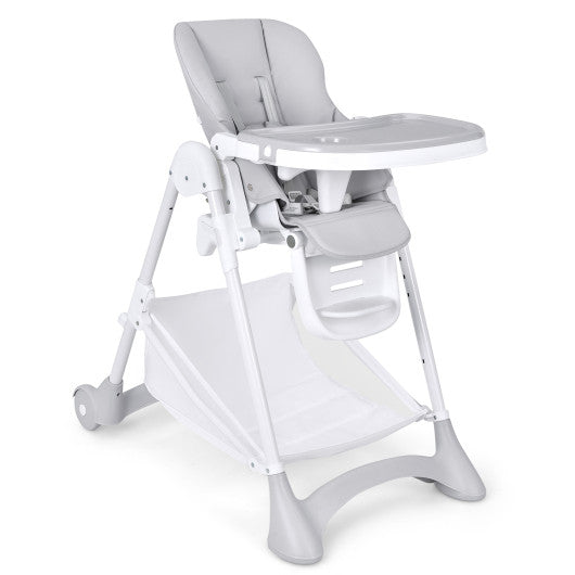 Baby Convertible Folding Adjustable High Chair with Wheel Tray Storage Basket -Gray
