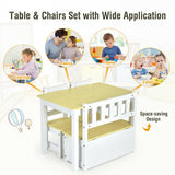 4 Pieces Kids Wooden Activity Table and Chairs Set with Storage Bench and Study Desk-Natural