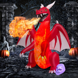 8 Feet Halloween Inflatables Blow-up Red Dragon with Wings Skull