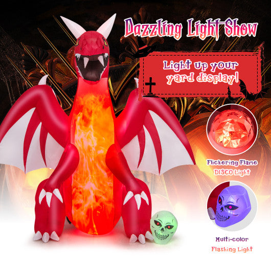 8 Feet Halloween Inflatables Blow-up Red Dragon with Wings Skull