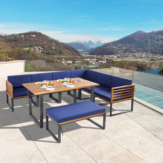 8 Pieces Patio Acacia Wood Dining Table Set with Ottoman Cushions-Navy