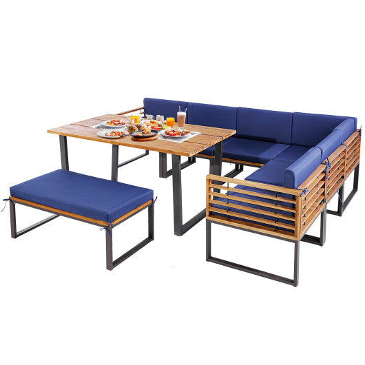 8 Pieces Patio Acacia Wood Dining Table Set with Ottoman Cushions-Navy