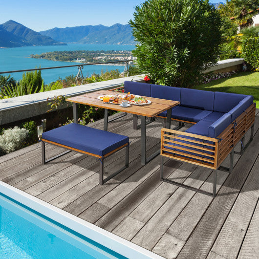 8 Pieces Patio Acacia Wood Dining Table Set with Ottoman Cushions-Navy