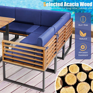 8 Pieces Patio Acacia Wood Dining Table Set with Ottoman Cushions-Navy