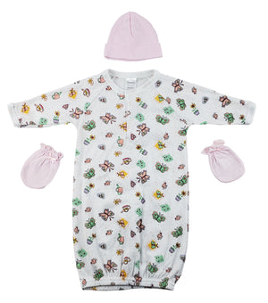 Gown, Cap and Mittens - 3 pc Set