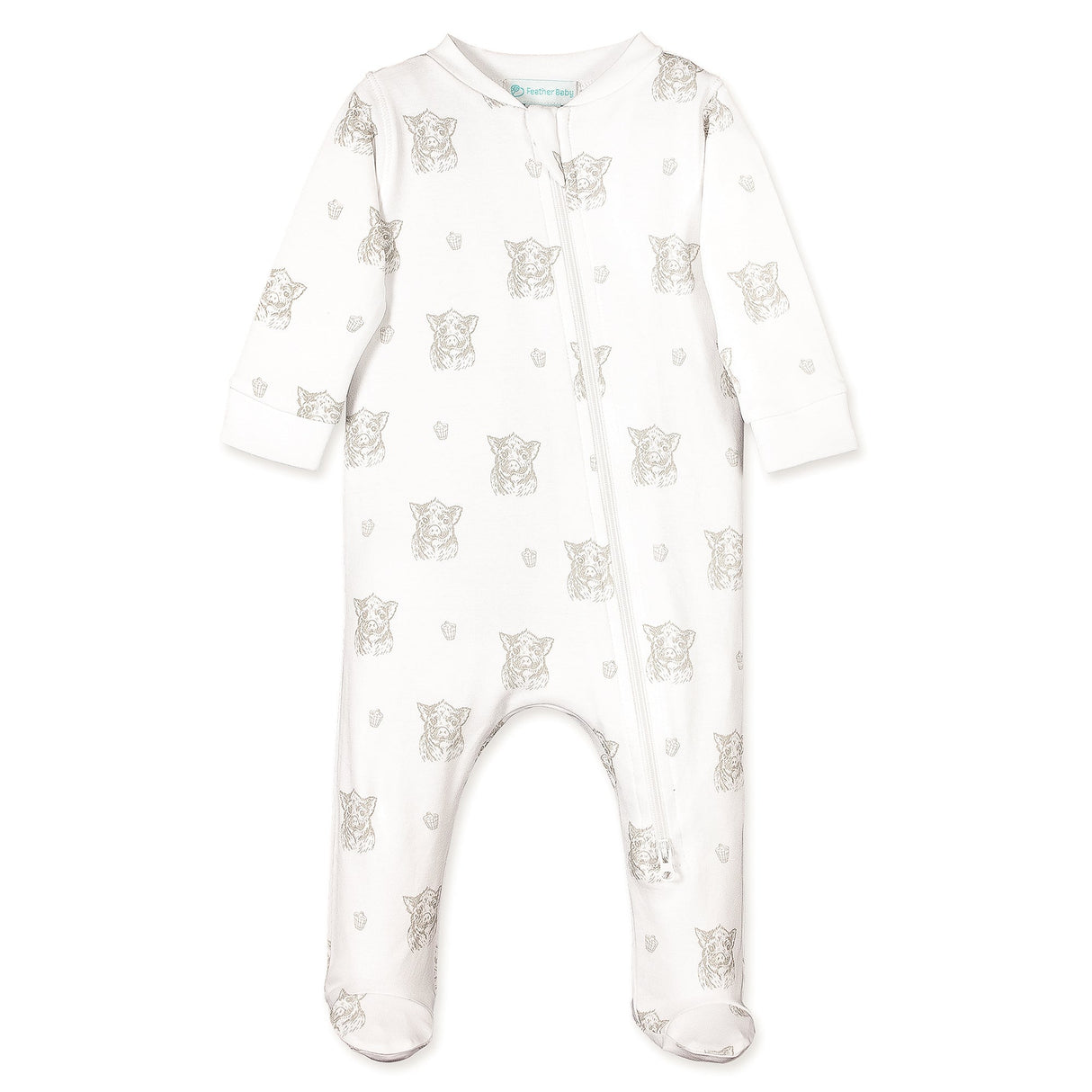 Zipper Footie - Sketched Piglet on White  100% Pima Cotton by Feather Baby