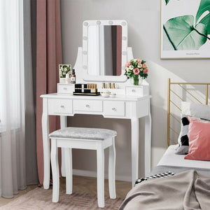 Vanity Dressing Table Set with 10 Dimmable Bulbs and Cushioned Stool-White