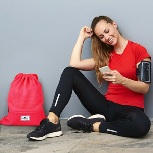 Drawstring Backpack String Bag Foldable Sports Sack with Zipper Pocket-Pink