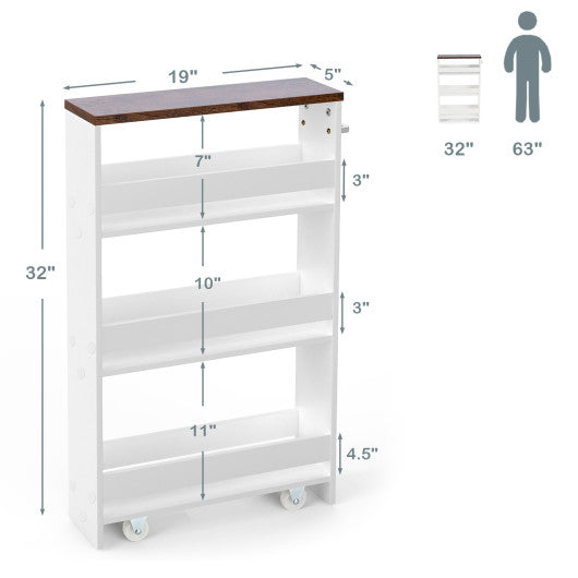 Rolling Kitchen Slim Storage Cart Mobile Shelving Organizer with Handle-White