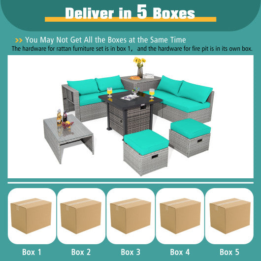 9 Pieces Outdoor Patio Furniture Set with 32-Inch Propane Fire Pit Table-Turquoise