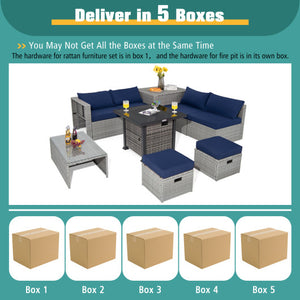 9 Pieces Outdoor Patio Furniture Set with 32-Inch Propane Fire Pit Table-Navy