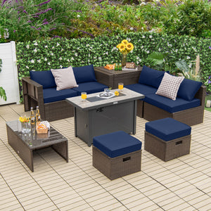 9 Pieces Outdoor Patio Furniture Set with 42 Inch Propane Fire Pit Table-Navy