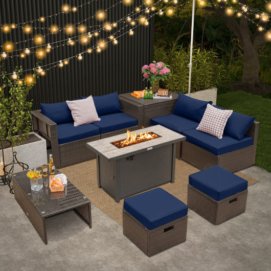 9 Pieces Outdoor Patio Furniture Set with 42 Inch Propane Fire Pit Table-Navy