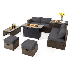 9 Pieces Outdoor Patio Furniture Set with 42 Inch Propane Fire Pit Table-Gray