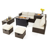9 Pieces Outdoor Patio Furniture Set with 42 Inch Propane Fire Pit Table-White